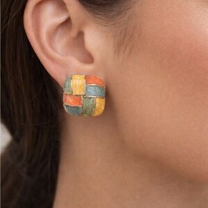 Vintage 1980’s Multi Color Gripiox Yellow Gold Plated Square Woven Earrings